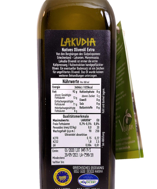 0,5 Liter LAKUDIA Olivenöl Nativ Extra mit Ölspender