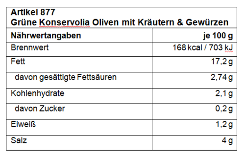 Grüne Konservolia Oliven mit Kräutern und Gewürzen