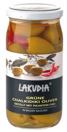 Grüne Chalkidiki Oliven gefüllt mit pikantem Chili