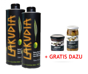 VORTEILSPAKET 2 x 750ml LAKUDIA BIO Olivenöl Nativ Extra - inkl. 2 Gratis-Artikeln