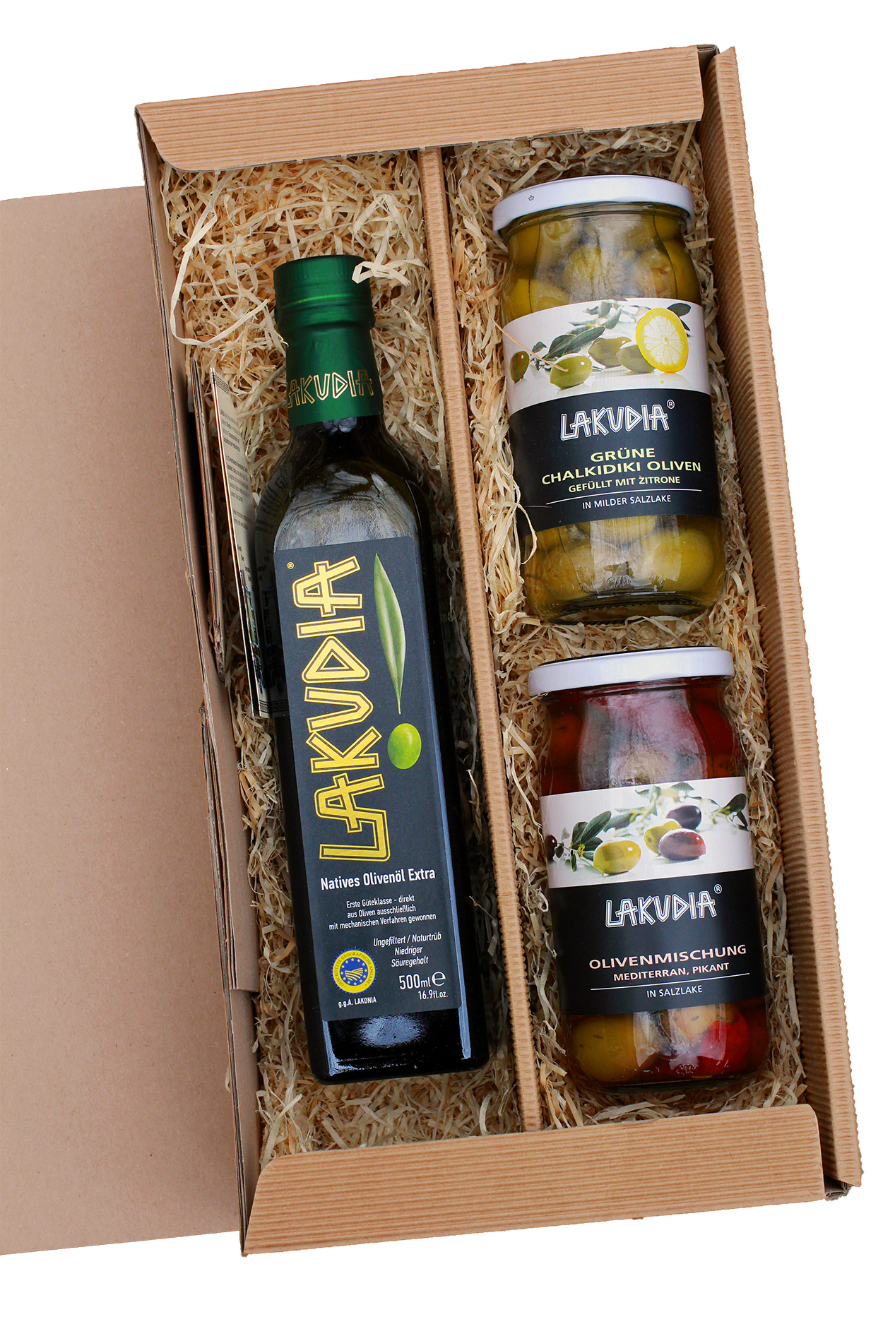 Geschenkset mit LAKUDIA Olivenöl und zwei Gläsern Oliven
