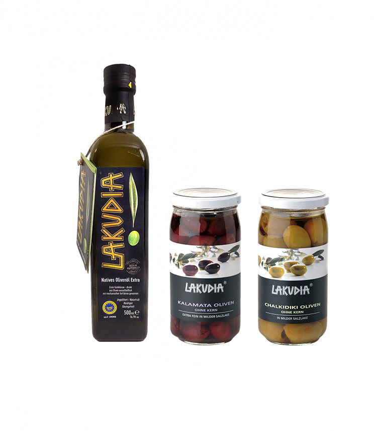 LAKUDIA Kennenlern-Set - 500ml Olivenöl Nativ Extra, Kalamata und Chalkidiki Oliven ohne Kern